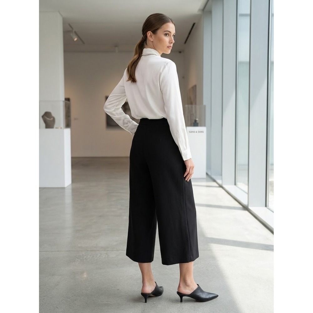 Sans & Sans Black Cropped Culotte Wide Leg Pants Elastic Waist Small